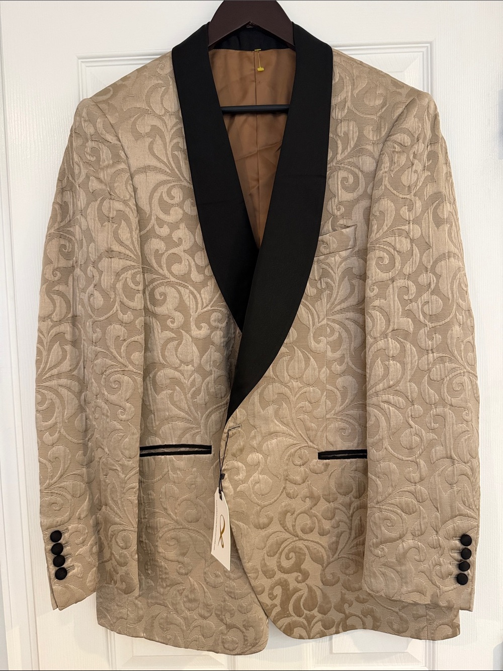 Beige Floral Jacquard Tuxedo Jacket with Black Shawl Lapel